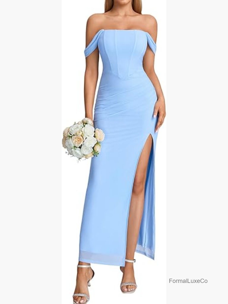 Off Shoulder Corset Maxi Bodycon Dress Ruched High Slit Formal Party